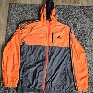 Adidas Mens Orange Gray Colorblock Hooded Windbreaker Jacket Large Three Stripe